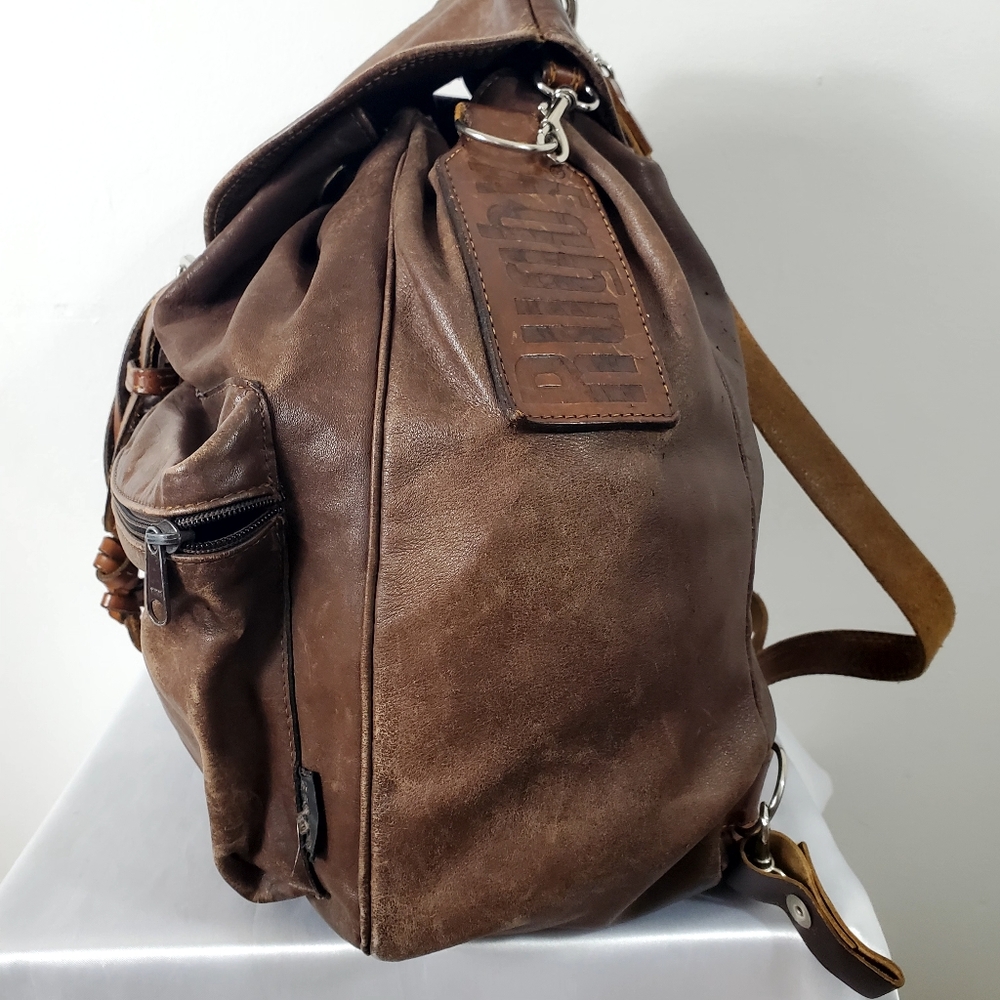 Vintage 90s RUGBY North America Pebbled Leather Drawstring Backpack Brown - Picture 4 of 13
